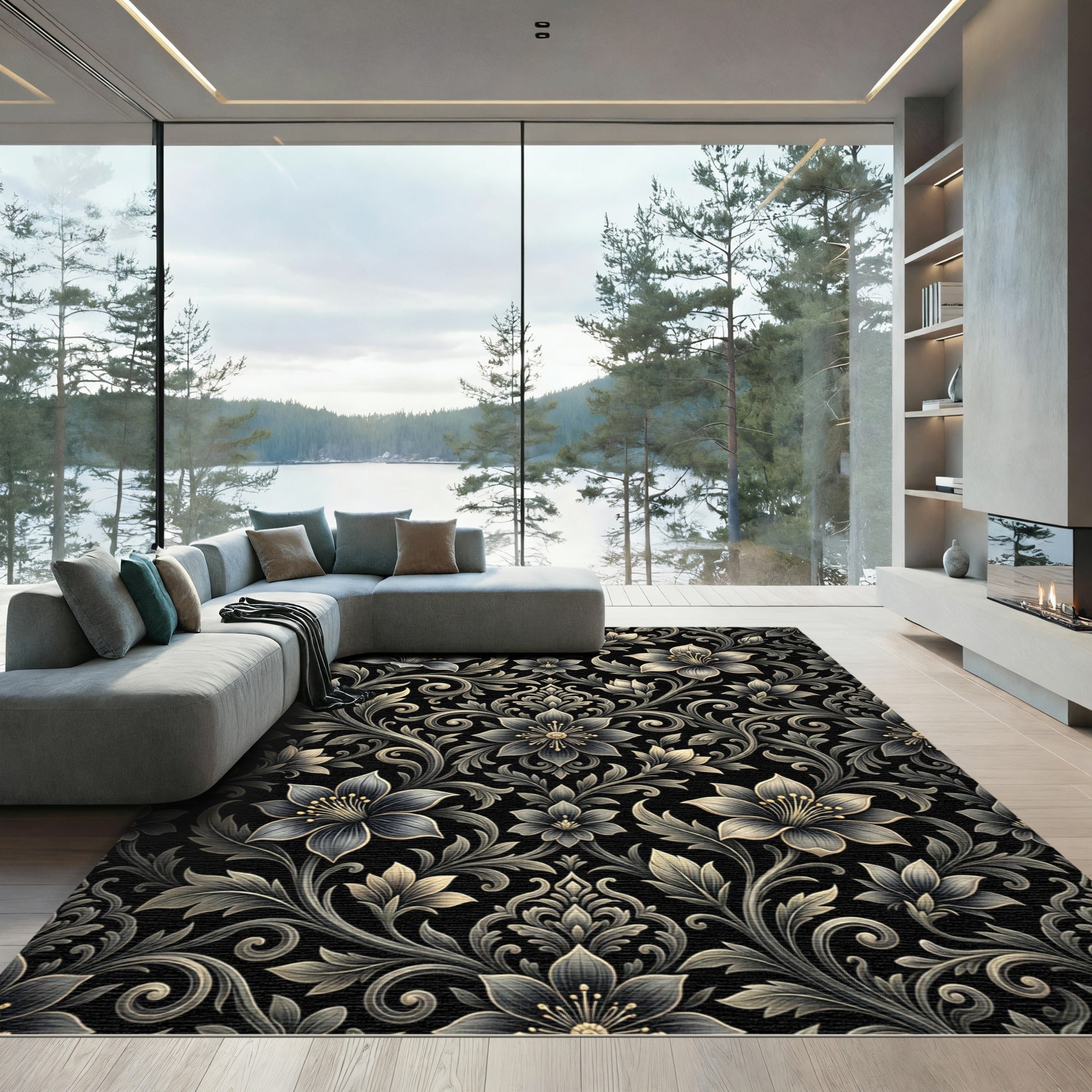 Ornate Black Floral Damask Rug