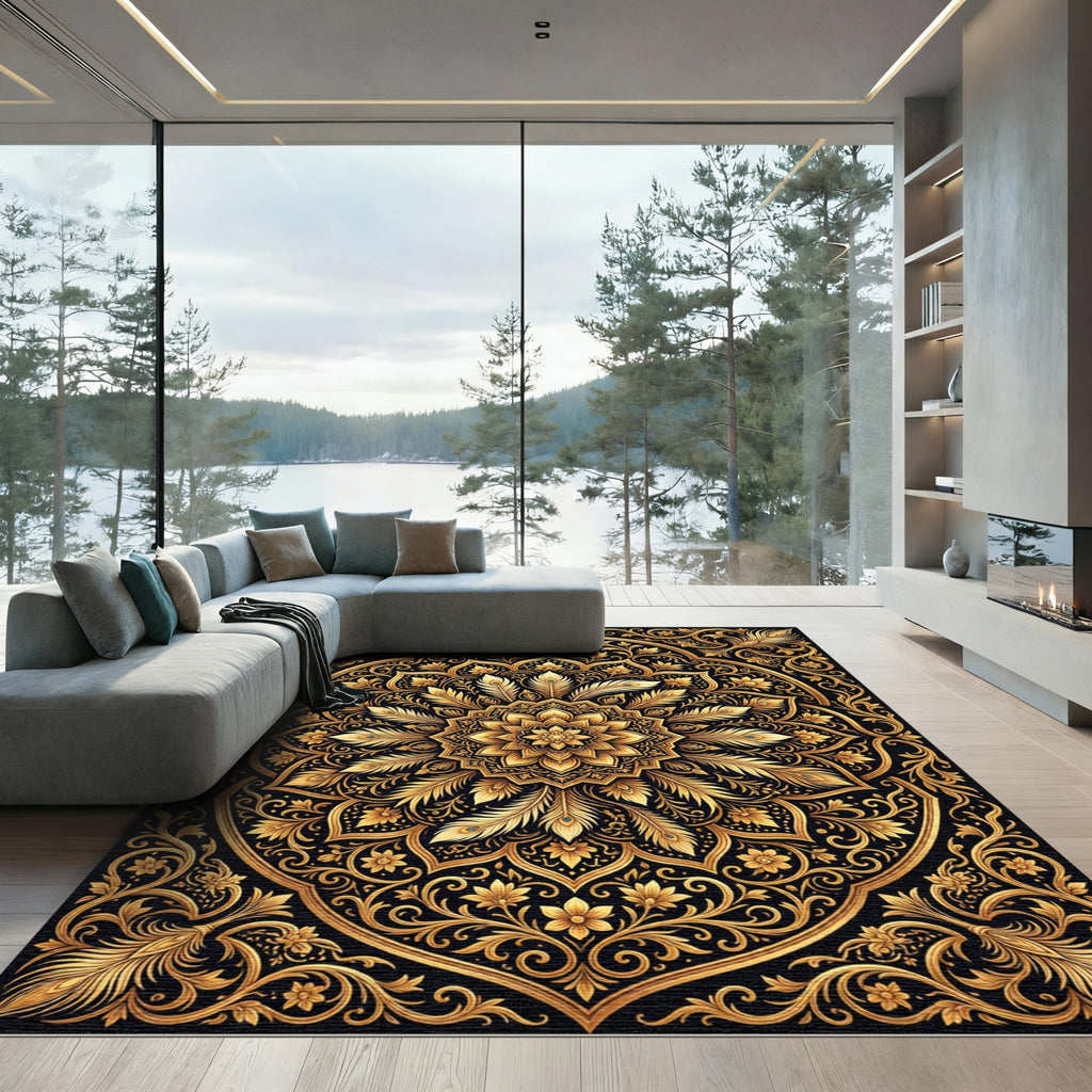 Opulent Gold Floral Feather Mandala Rug