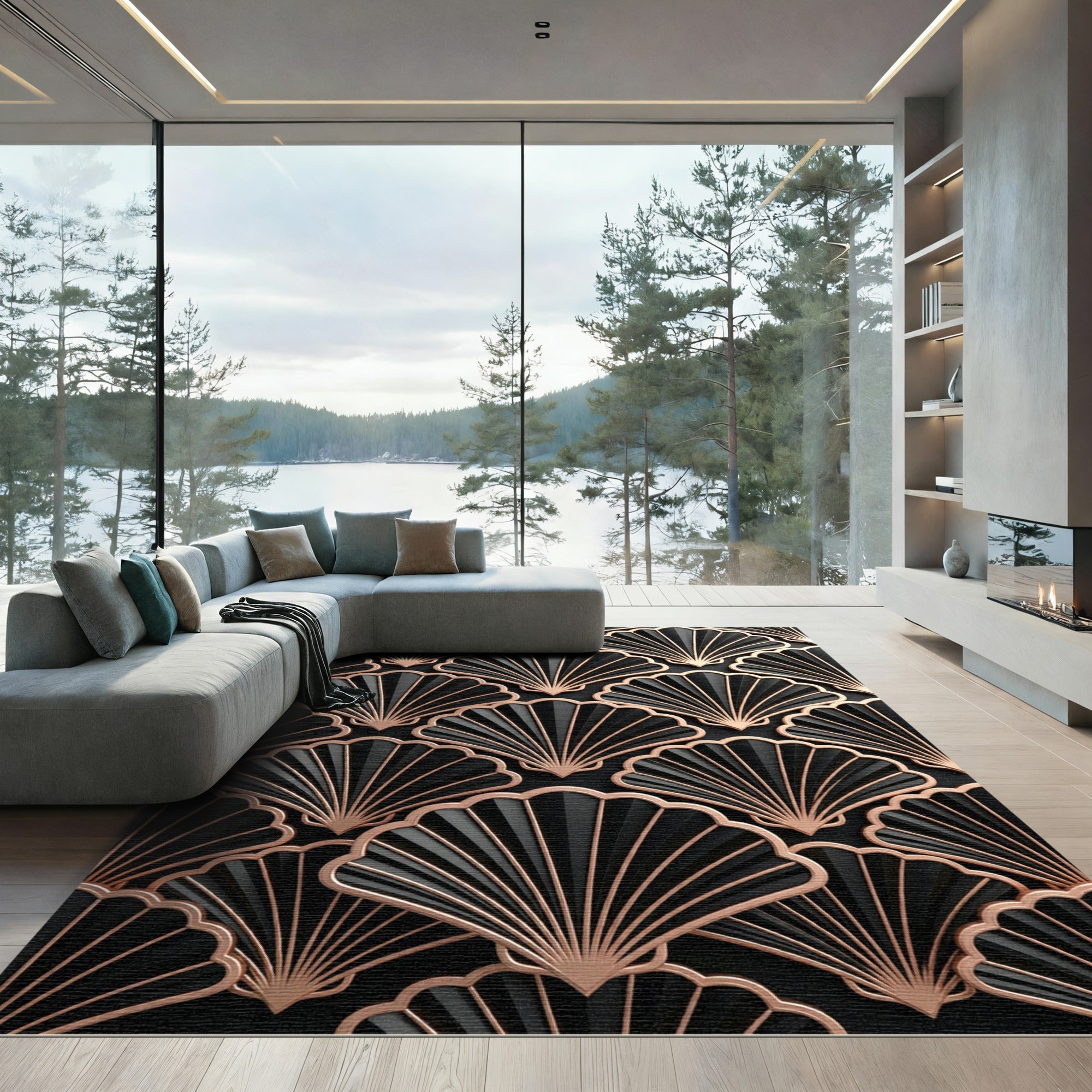 Black Fan Art Deco Relief Rug