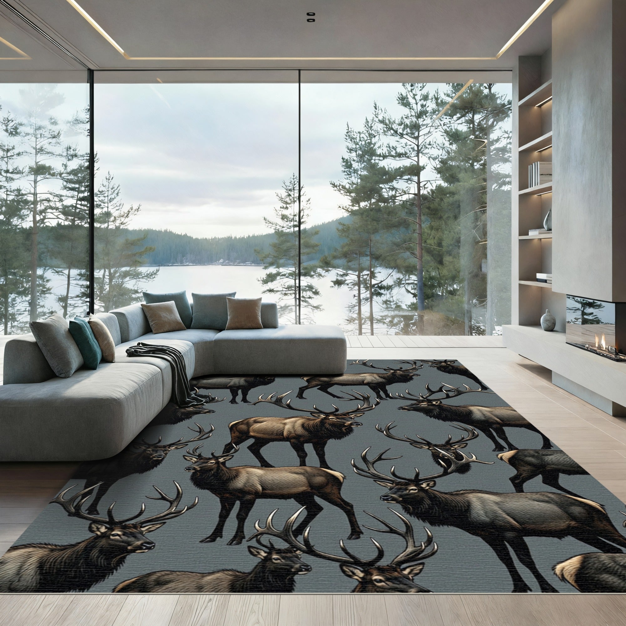 Majestic Elk Herd Wildlife Scene Rug