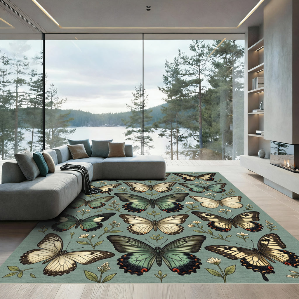 Ethereal Sage Butterfly Botanical Collage Rug