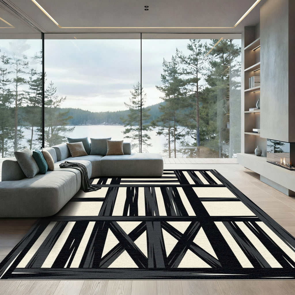 Bold Black Cream Geometric Overlay Rug