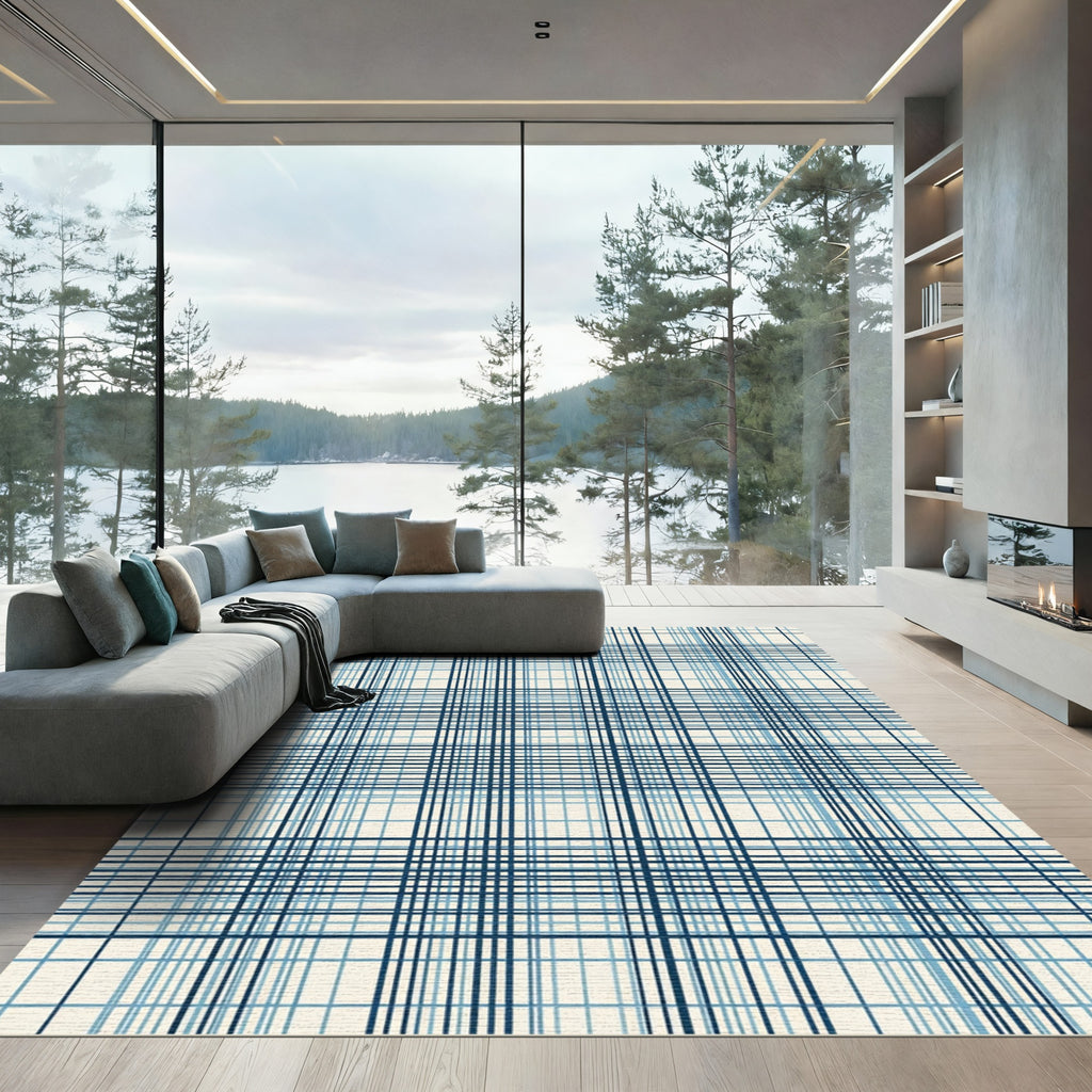 Classic Navy Blue Grid Plaid Rug