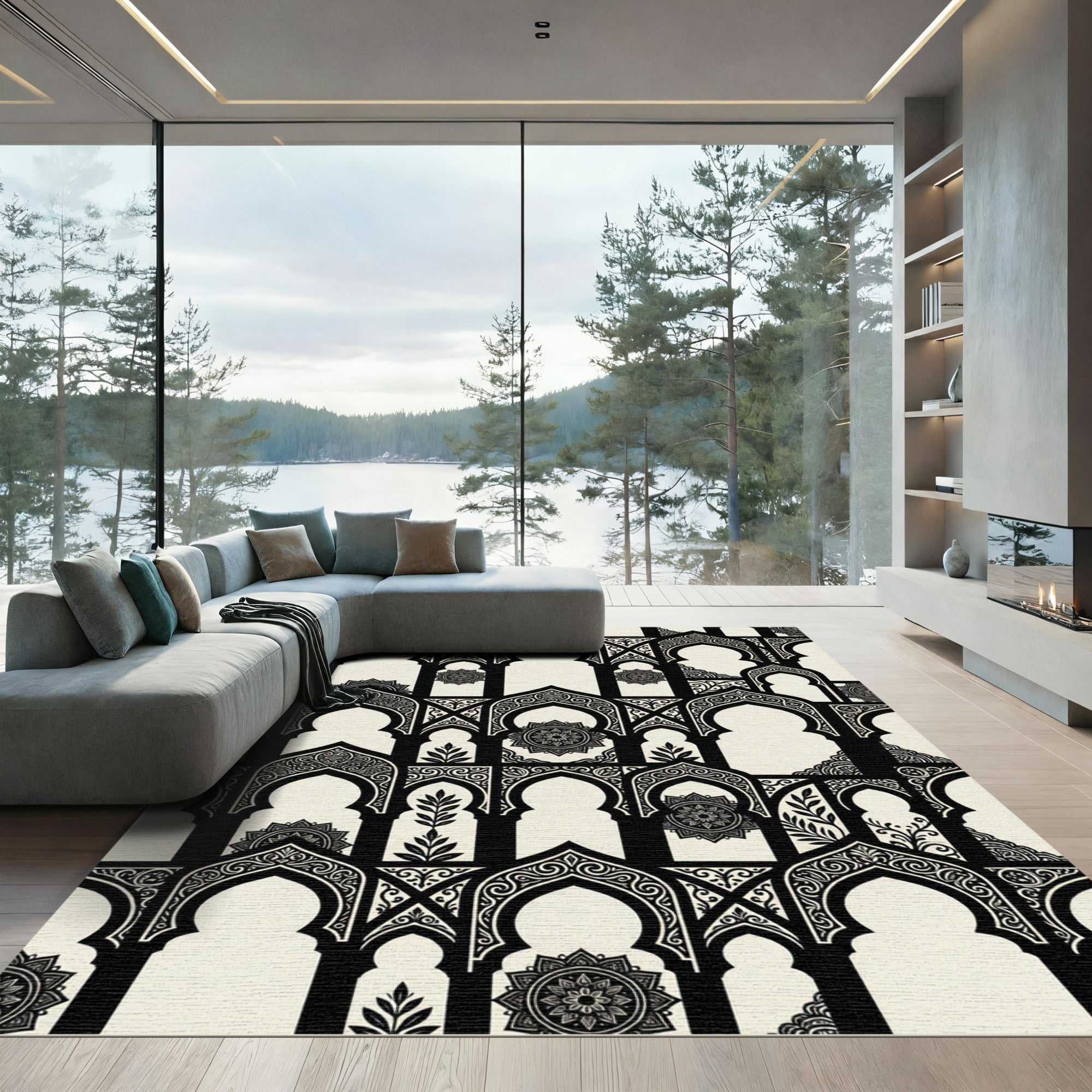 Black White Arch Mandala Composition Rug