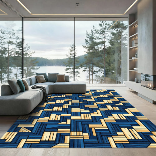 Abstract Blue Wood Plank Assemblage Rug