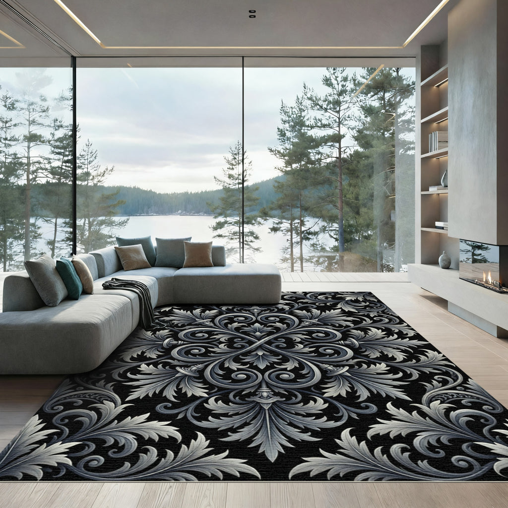 Ornate Silver Acanthus Leaf Scroll Rug