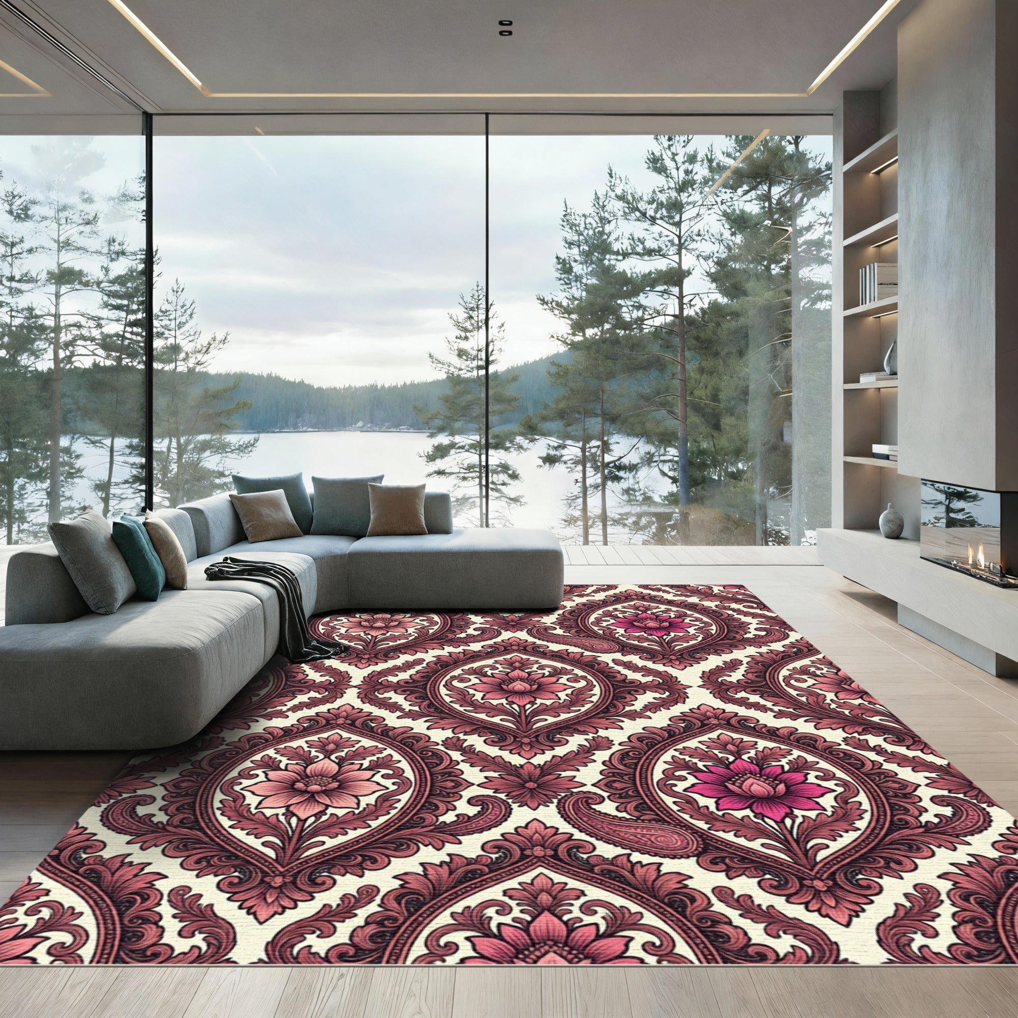 Crimson Paisley Floral Damask Tapestry Rug