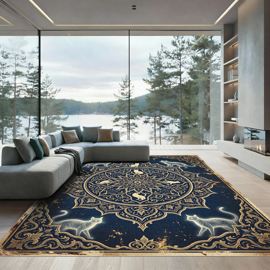Celestial Feline Mandala Navy Gold Rug