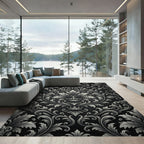 Ornate Black Silver Crown Damask Rug
