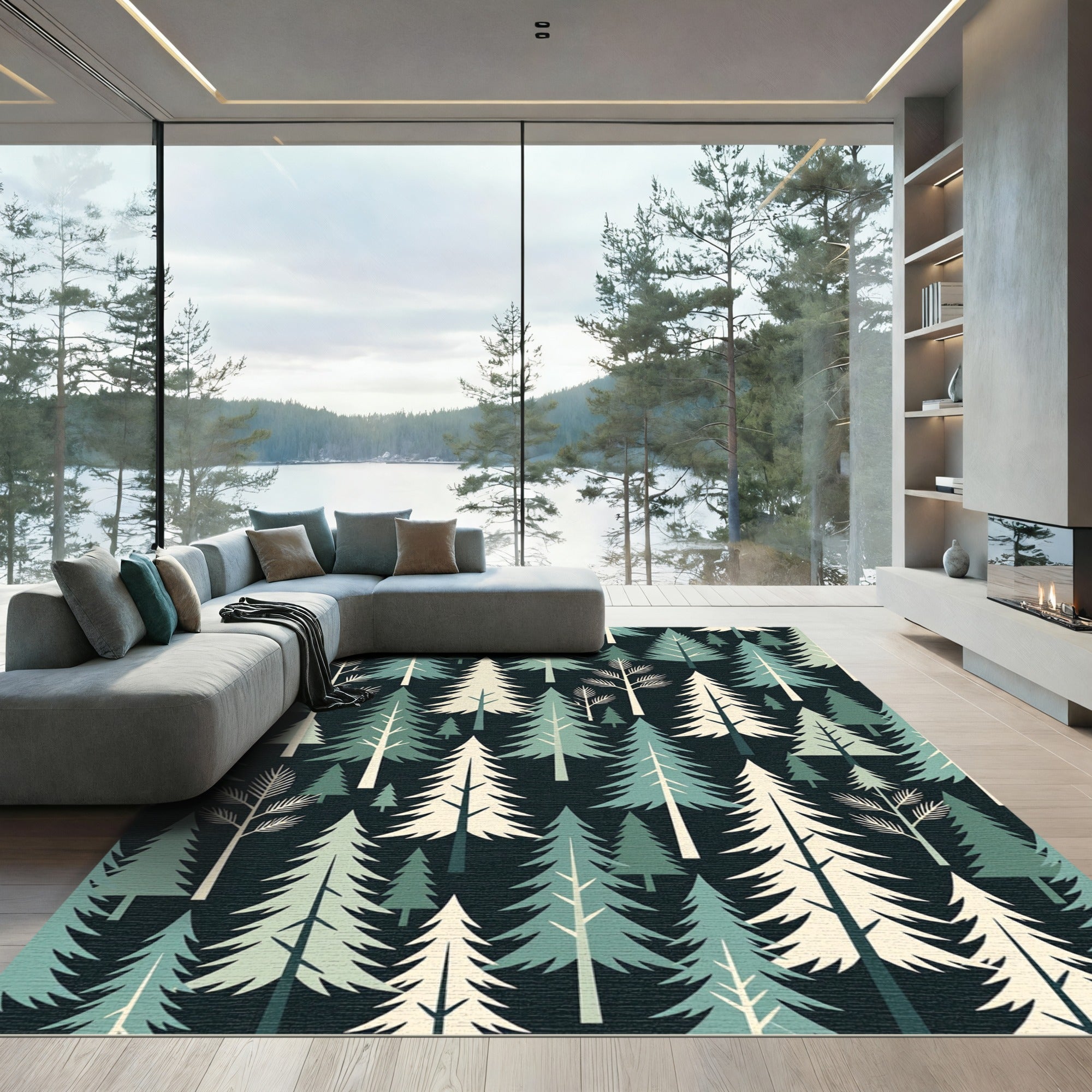 Modern Sage and Cream Forest Pine Rug