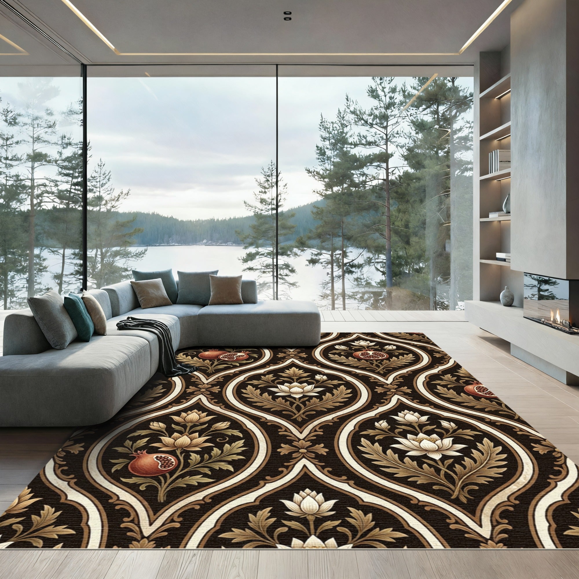 Dark Espresso Pomegranate Lotus Damask Rug