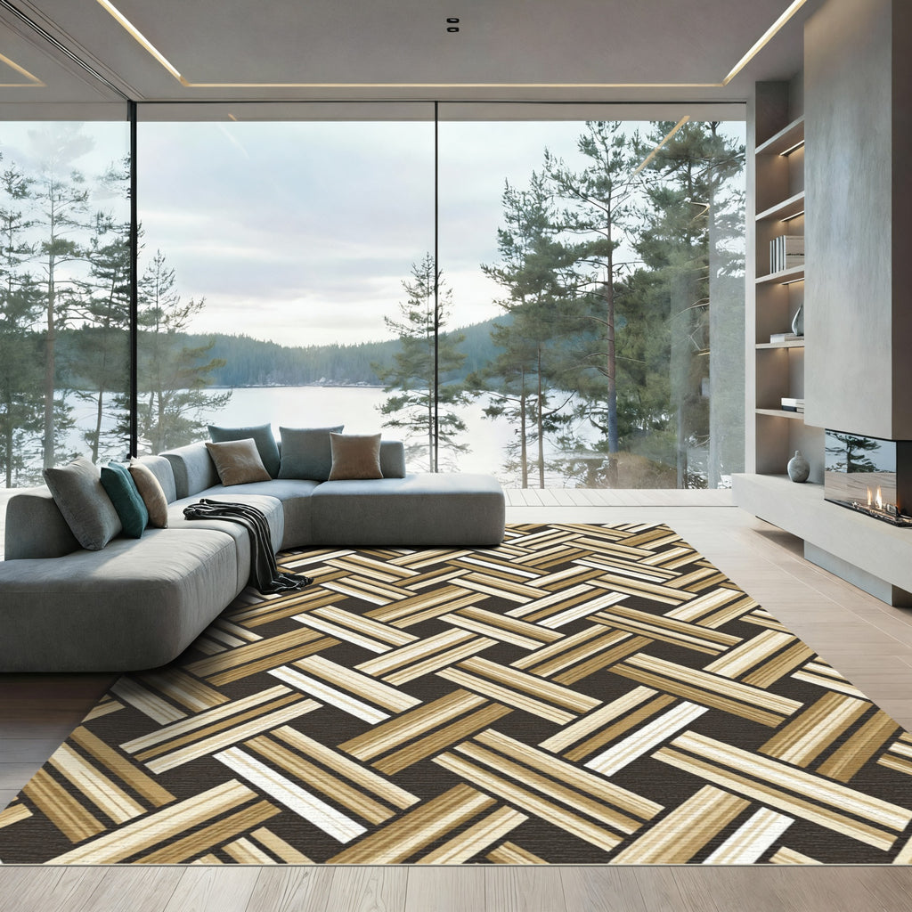 Beige and Brown Basketweave Geometric Rug