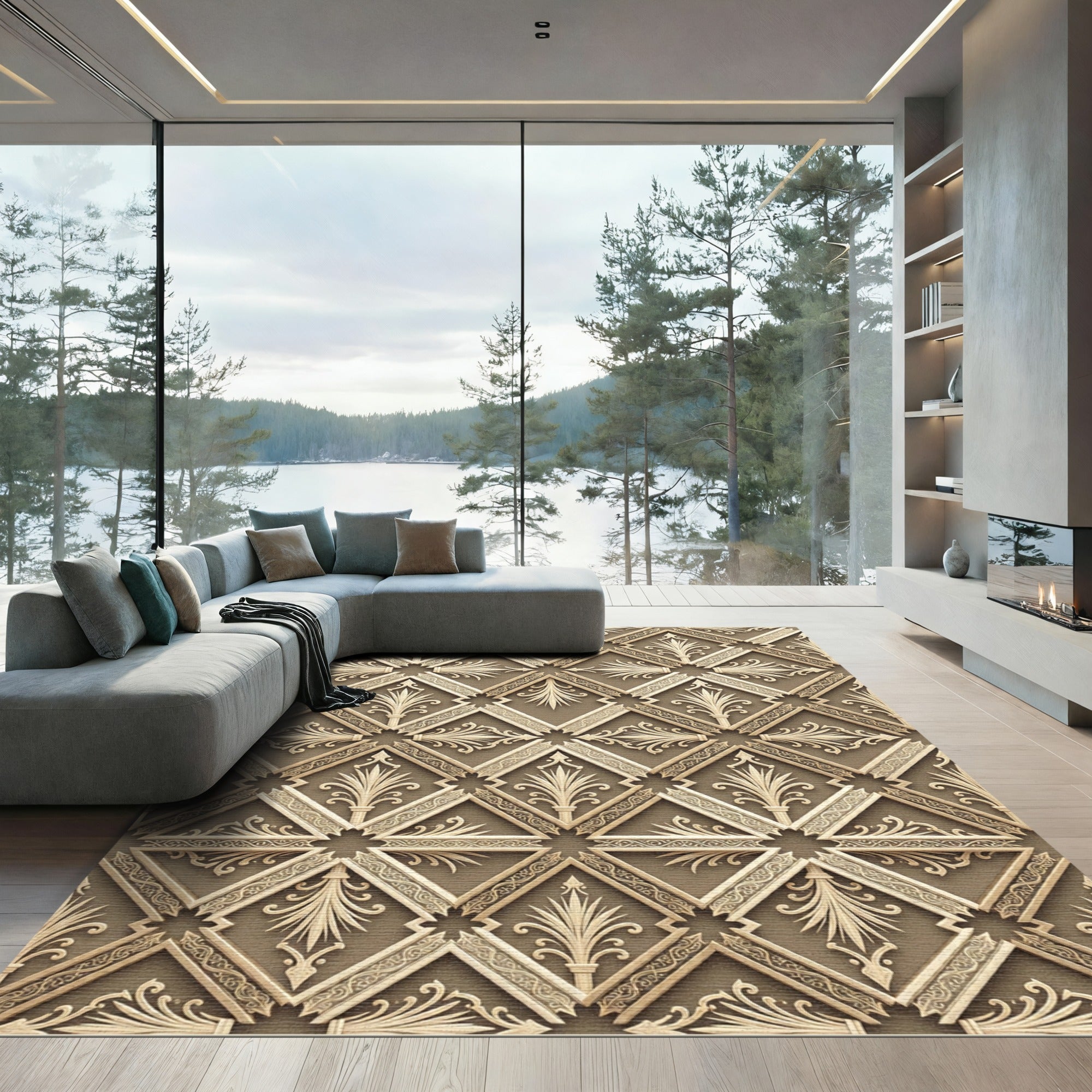 Tuscan Tan Geometric Floral Medallion Rug