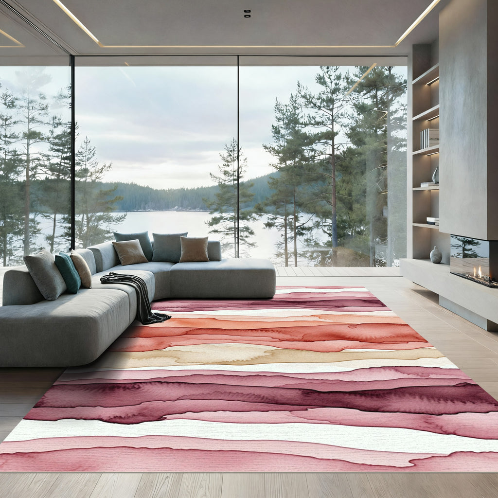 Crimson Blush Watercolor Abstract Layers Rug
