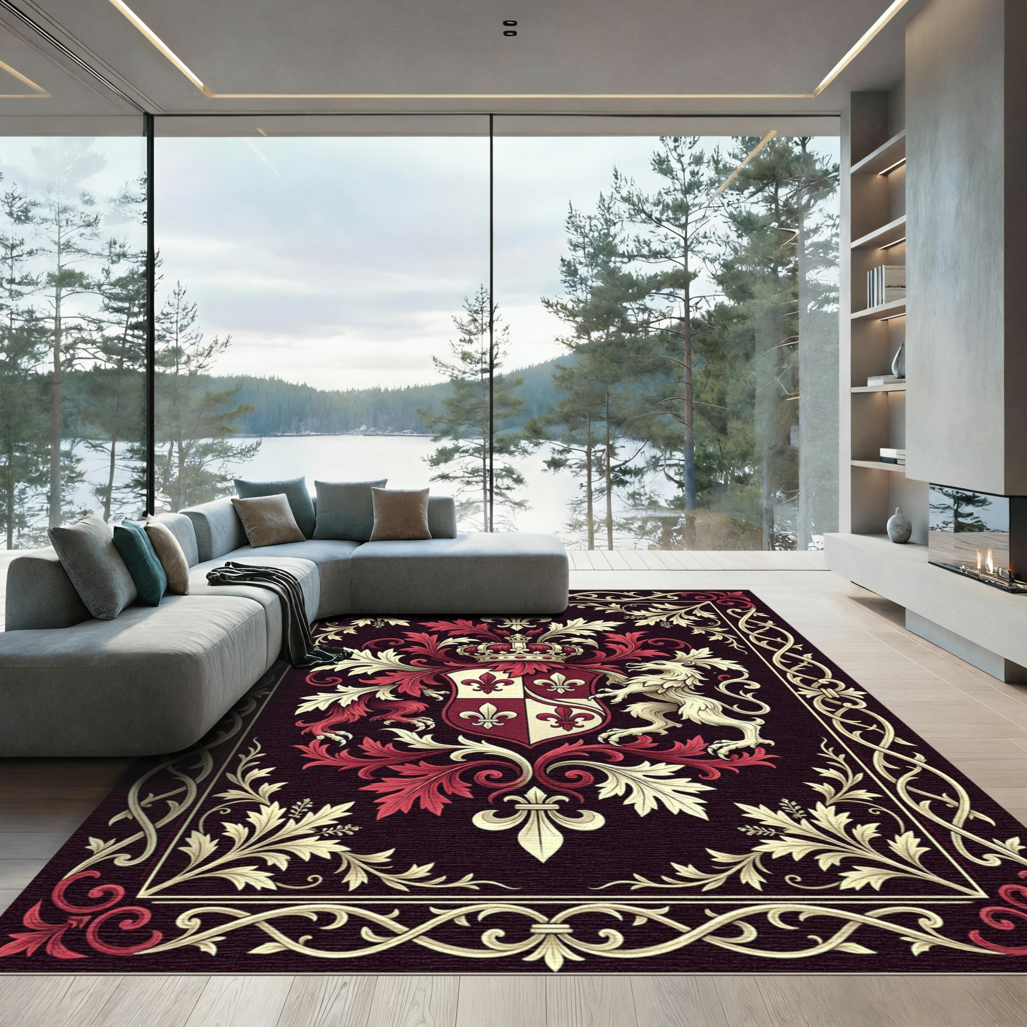 Royal Crimson Fleur-de-lis Heraldic Crest Rug