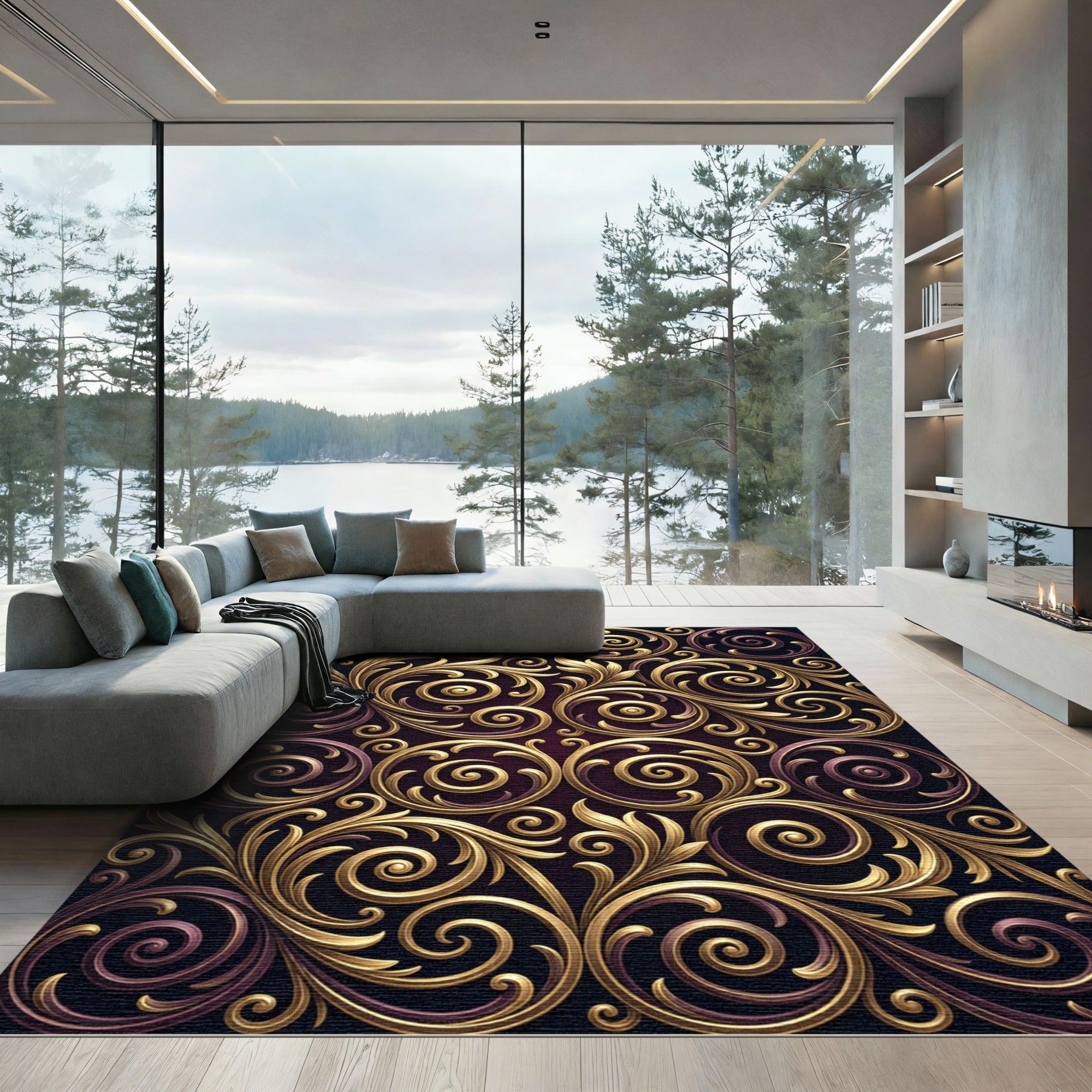 Ornate Gold Filigree Swirls Rug