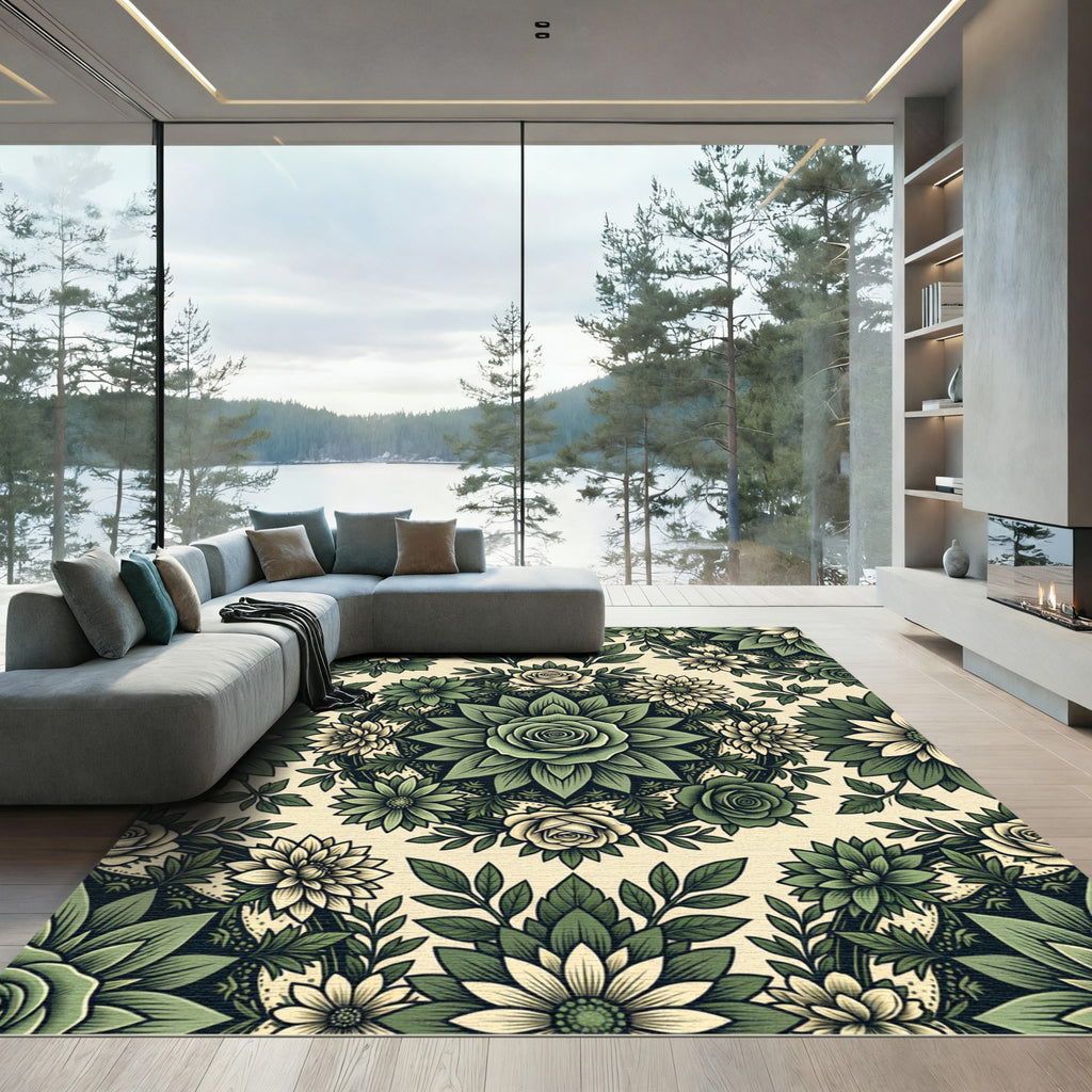 Sage Green Botanical Rose Mandala Rug