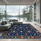 Dark Blue Floral Diamond Medallion Rug