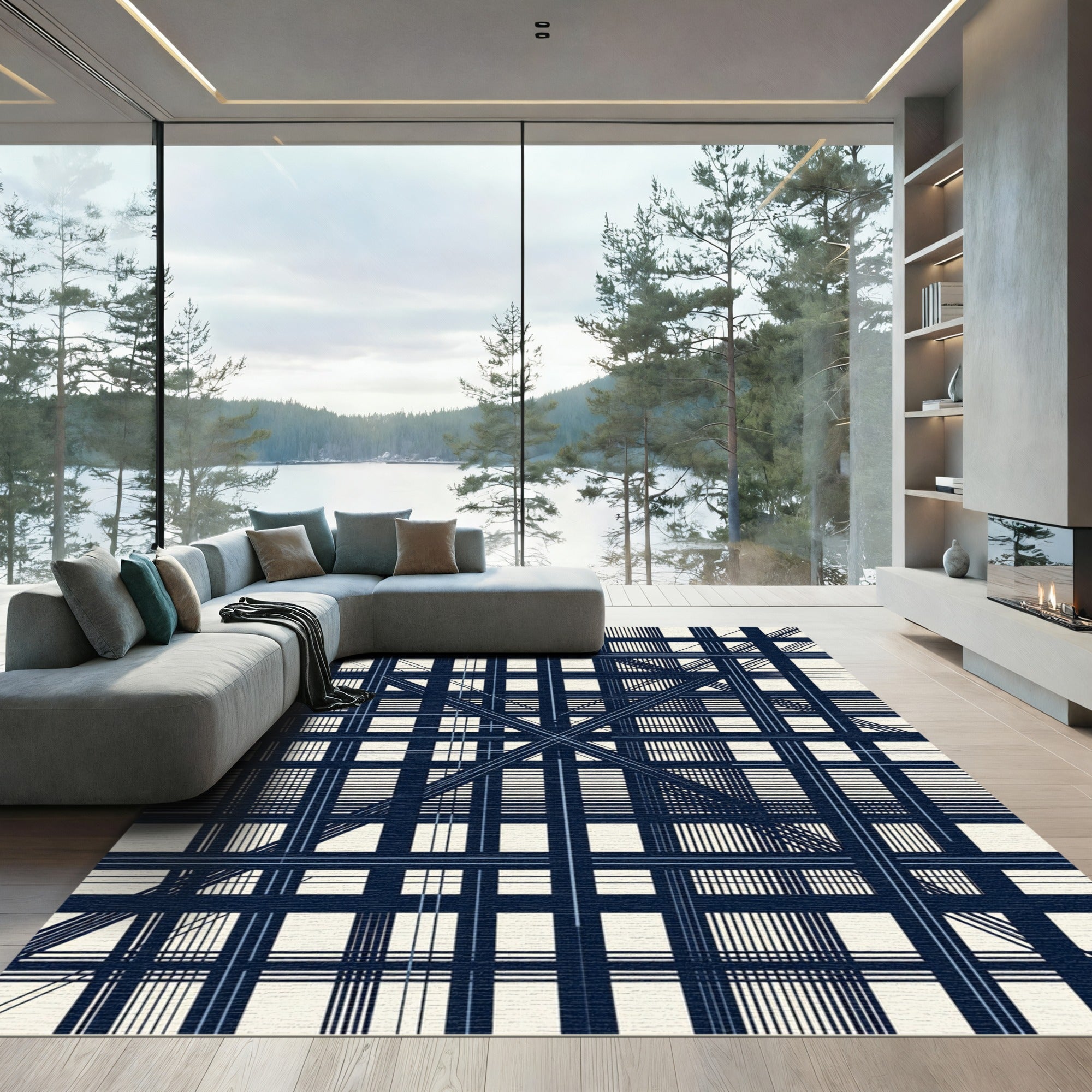 Navy Linear Geometric Abstract Grid Rug