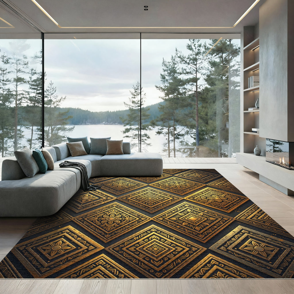 Gilded Metallic Geometric Diamond Tile Rug