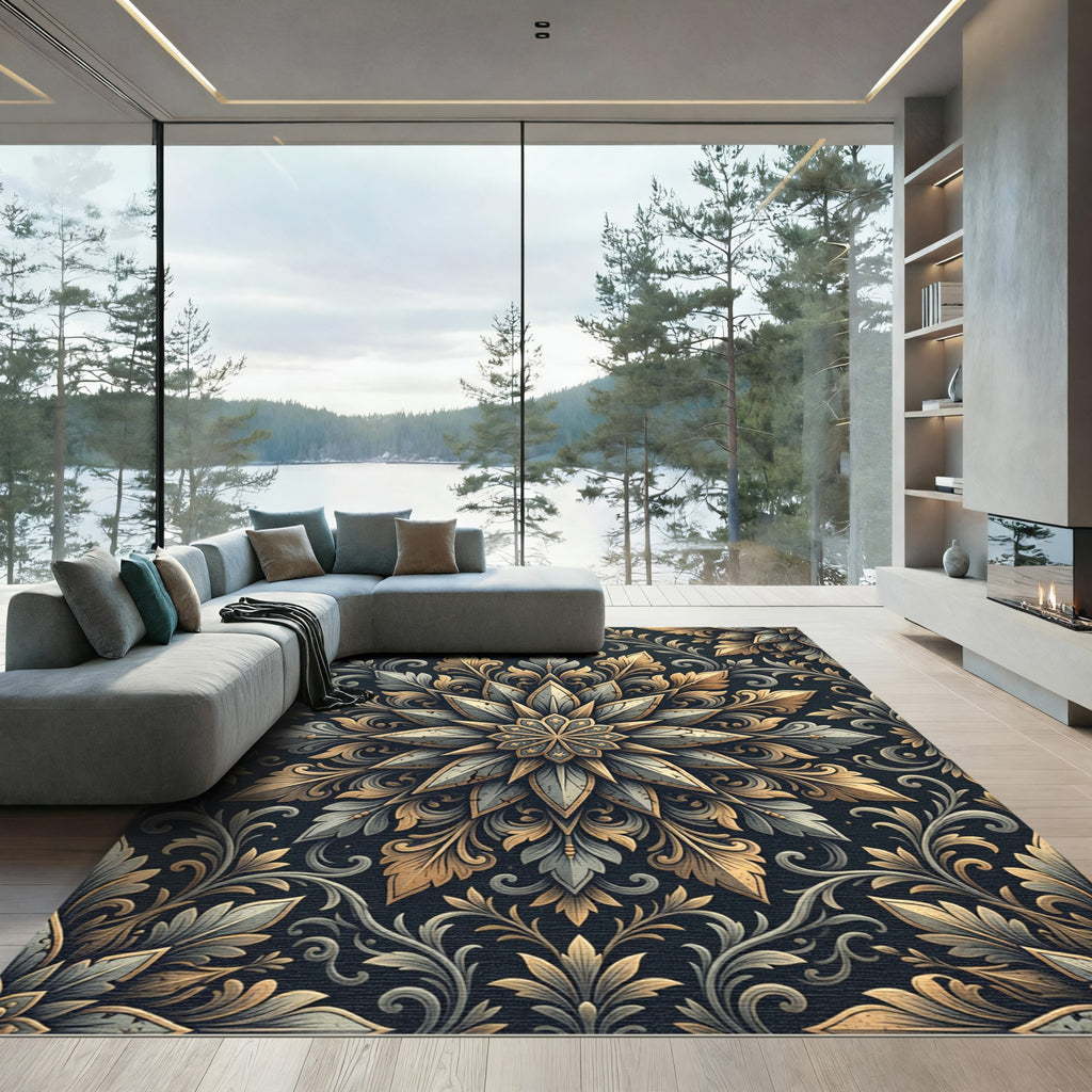 Elegant Gold and Slate Flora Medallion Rug