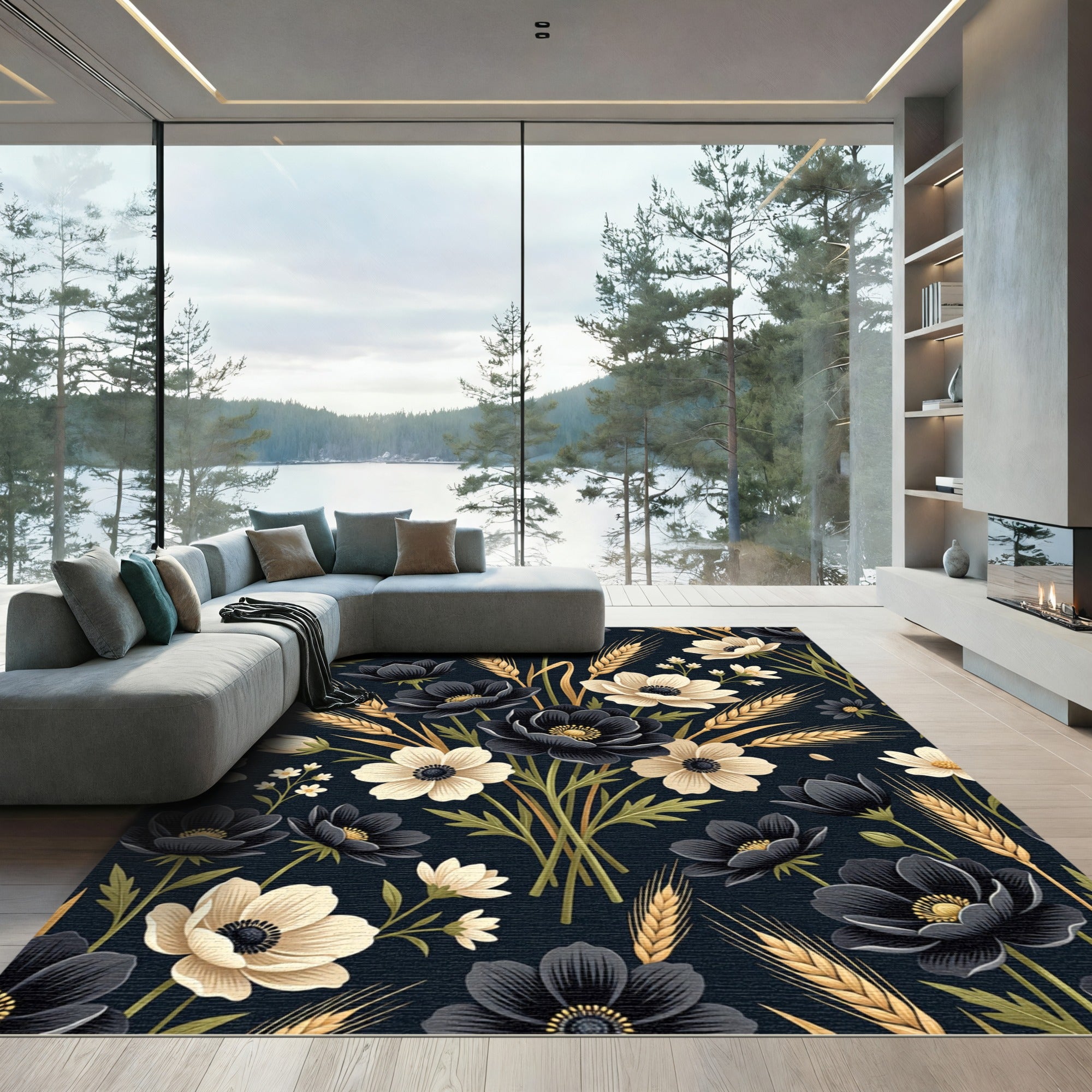 Dark Floral Wheat Arrangement Rug