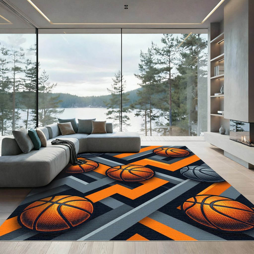 Orange and Gray Basketball Geometric Rug
