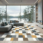 Geometric Ochre Gray White Squares Rug