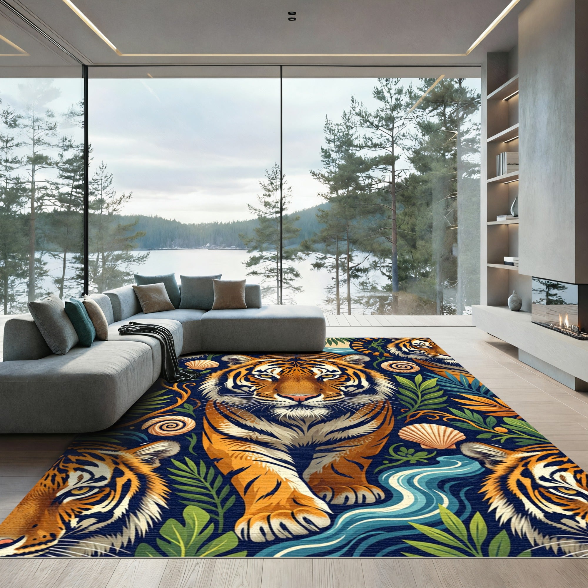 Vibrant Tiger Jungle Tropical Scene Rug