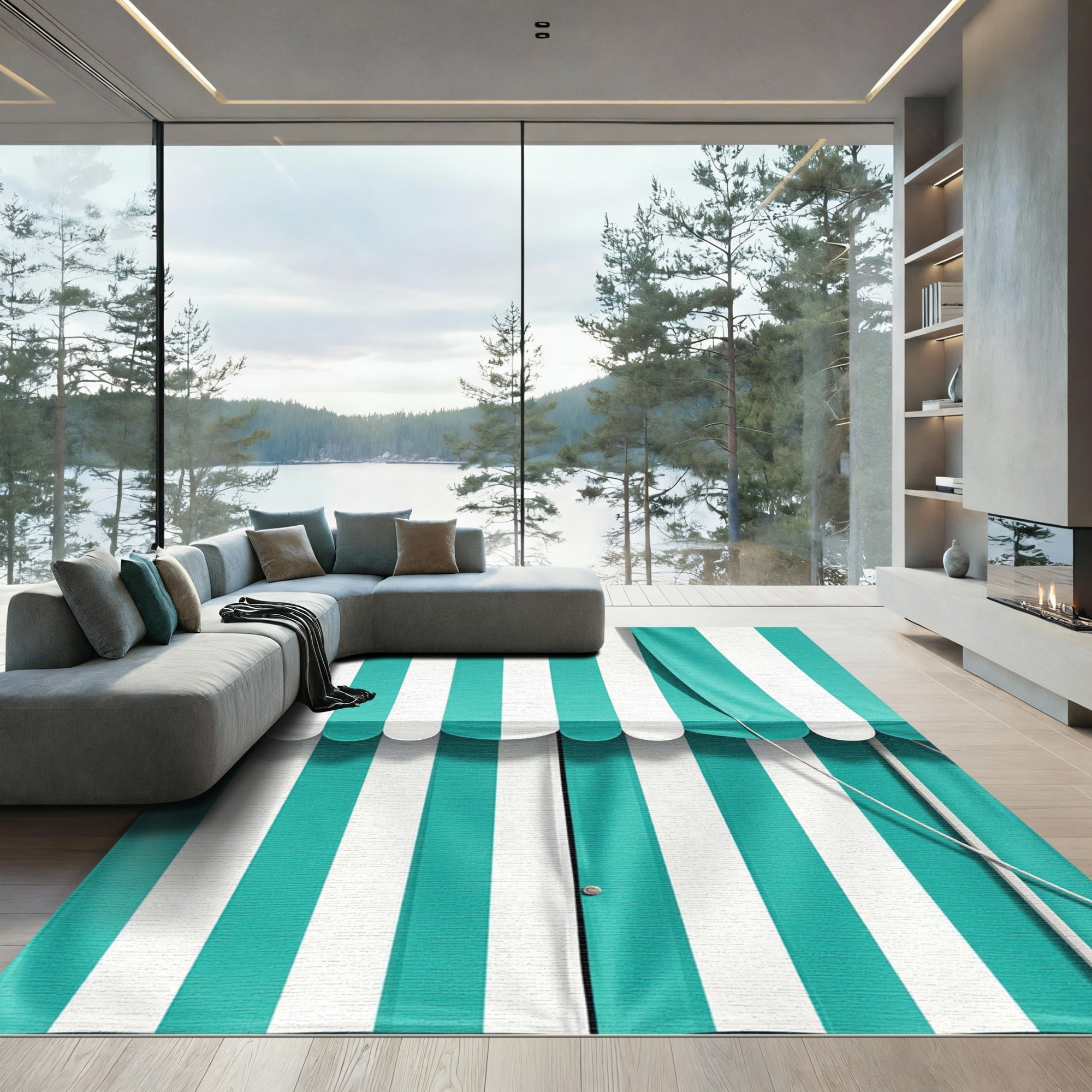 Teal And White Stripe Vertical Rug