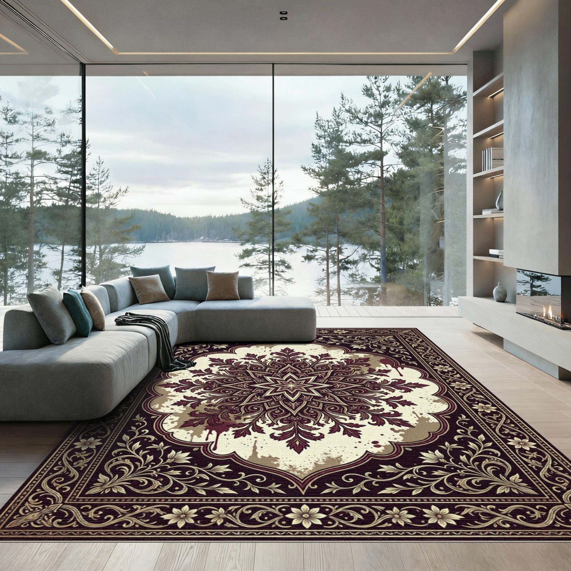 Regal Burgundy Floral Mandala Rug