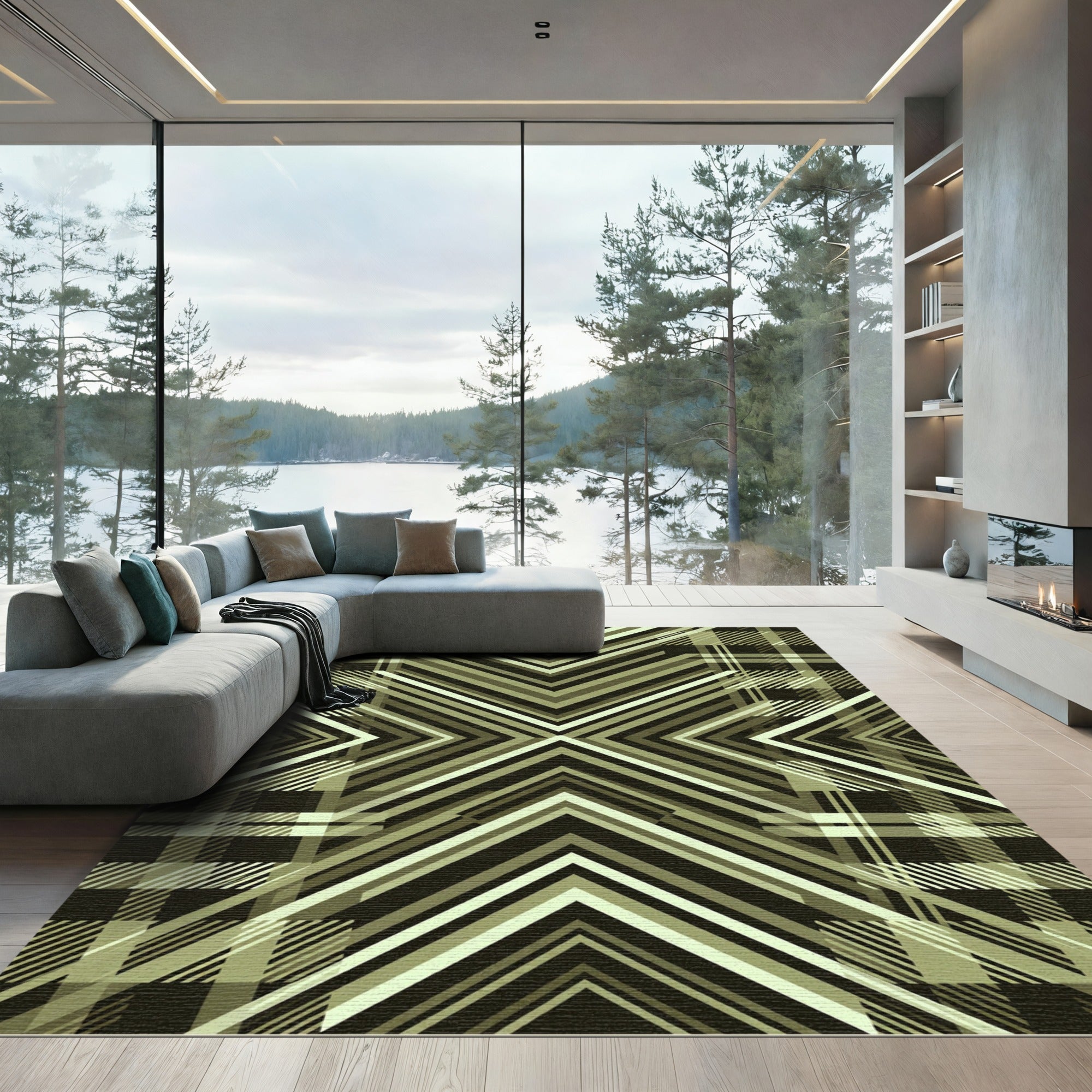 Modern Olive Geometric Chevron Plaid Rug