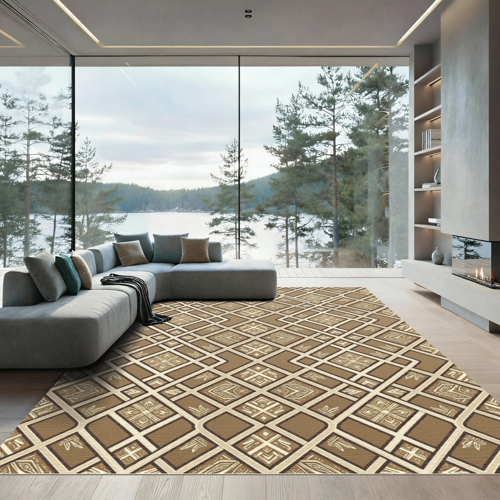 Earthy Bronze Geometric Diamond Lattice Rug