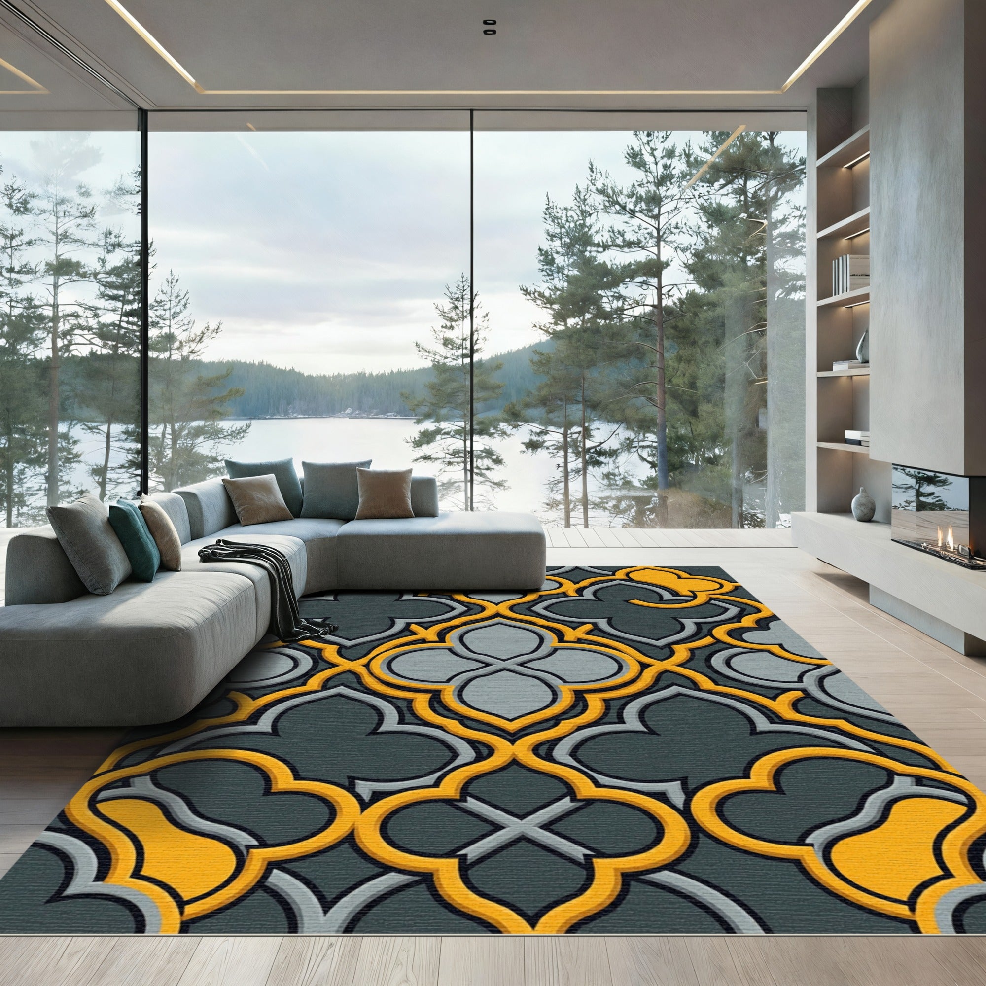 Onyx Gray Yellow Quatrefoil Overlay Rug