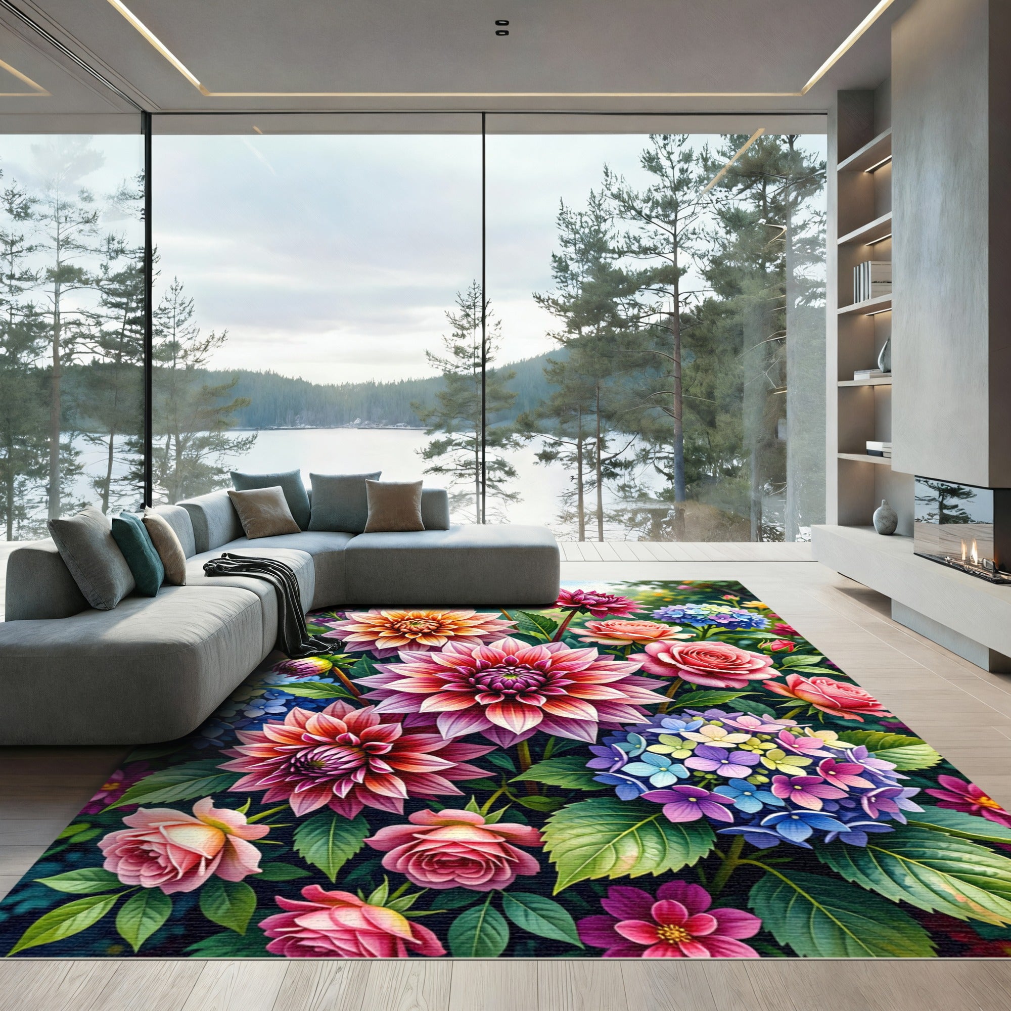 Vibrant Multicolored Dahlia Hydrangea Garden Rug
