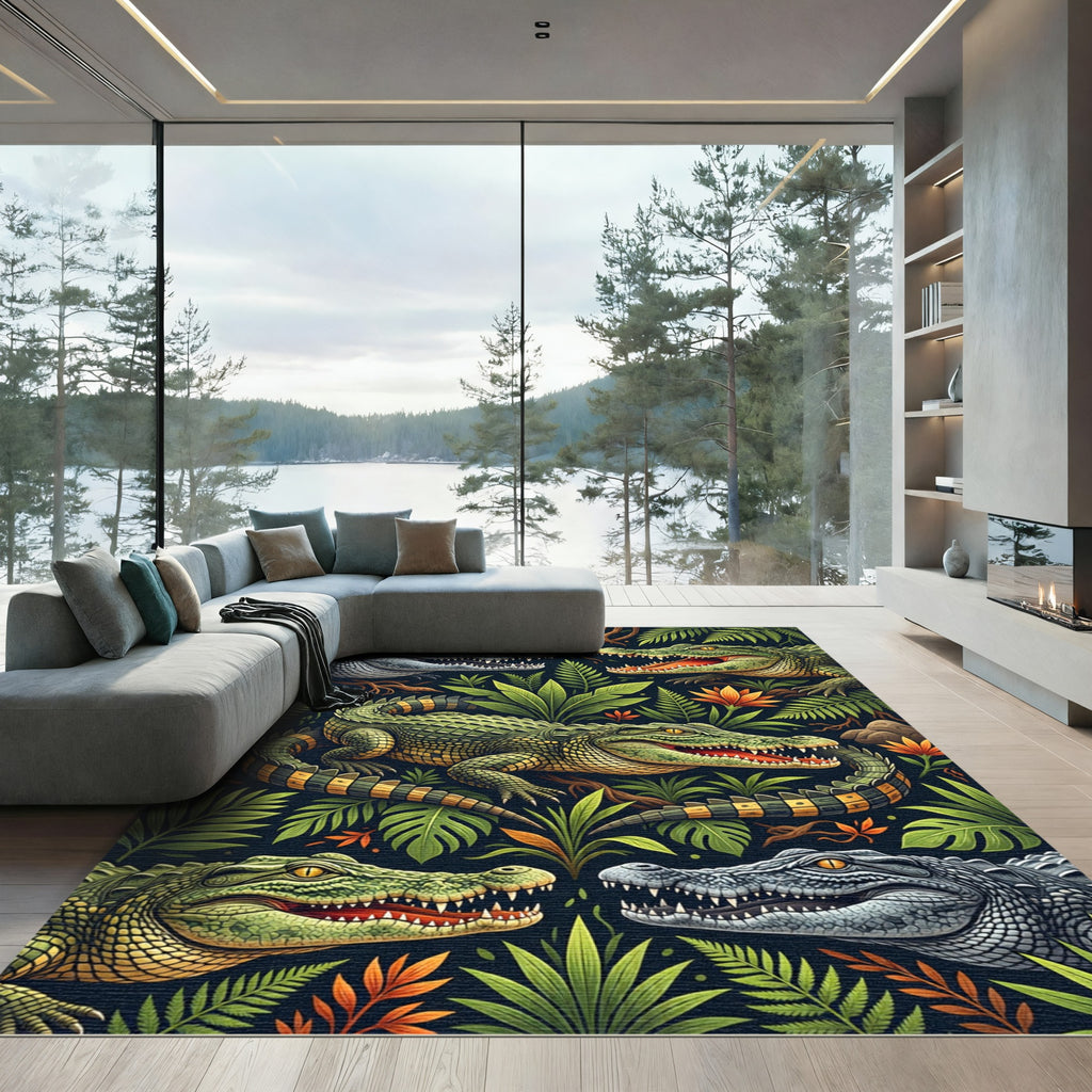 Vibrant Tropical Crocodile Foliage Jungle Art Rug