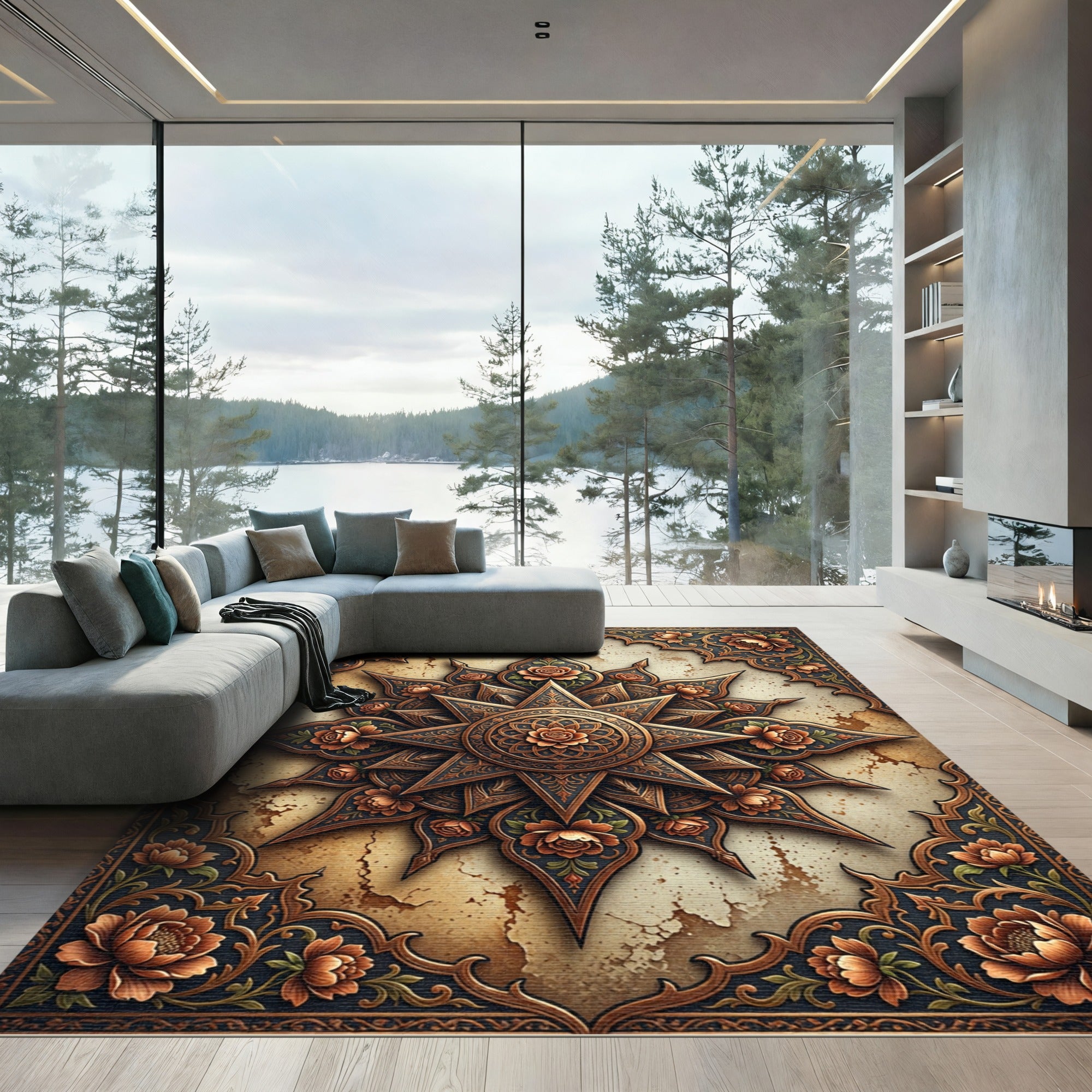 Bronze Floral Star Medallion Rug