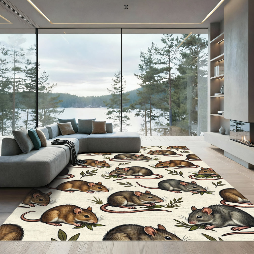 Whimsical Field Mice Cream Botanical Rug