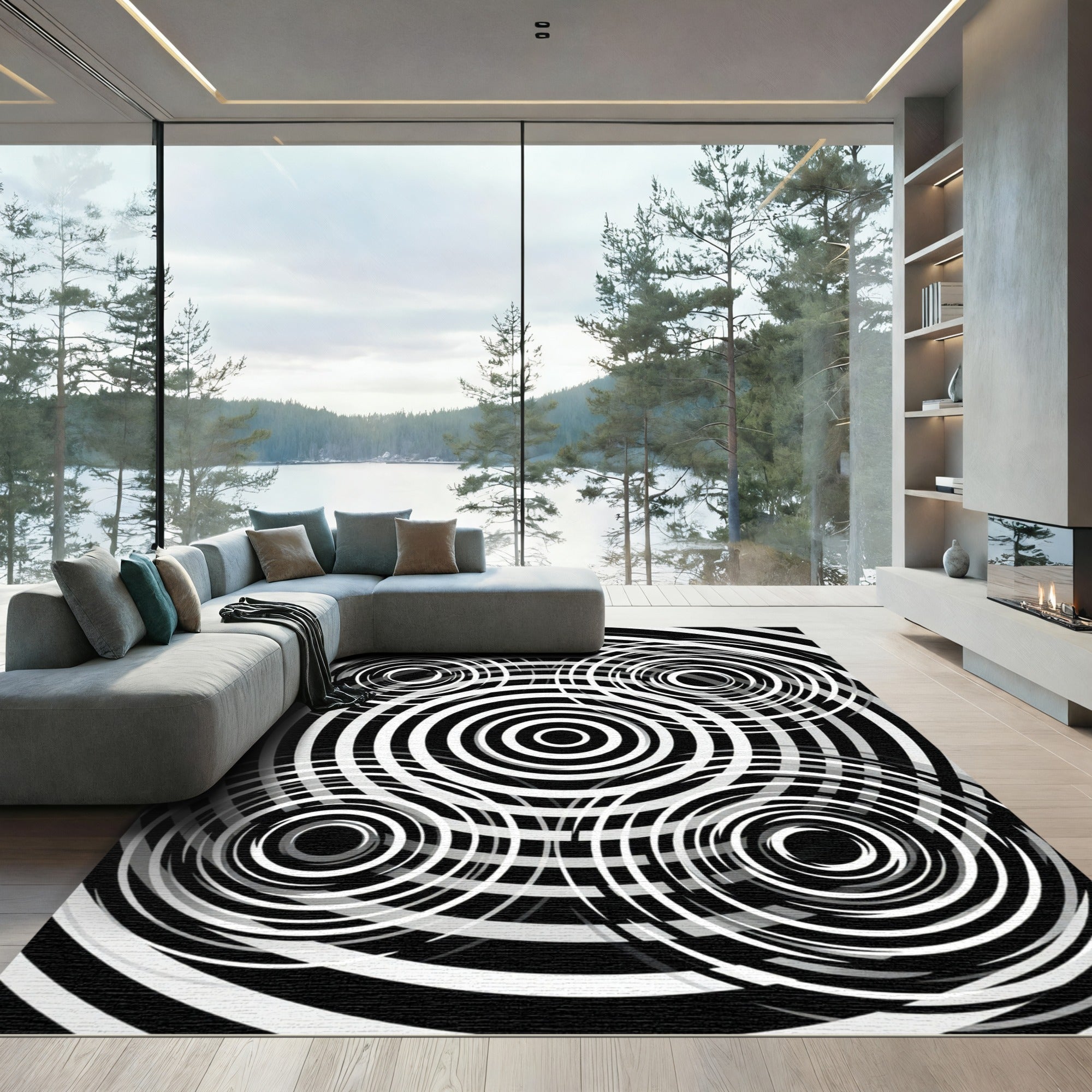 Black White Concentric Circles Op Art Rug