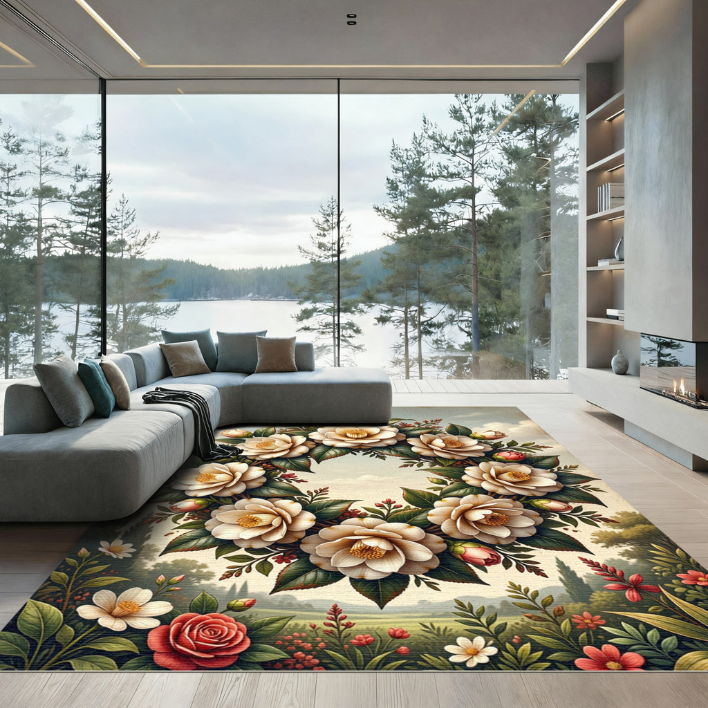 Cream Camellia Wreath Botanical Art Rug