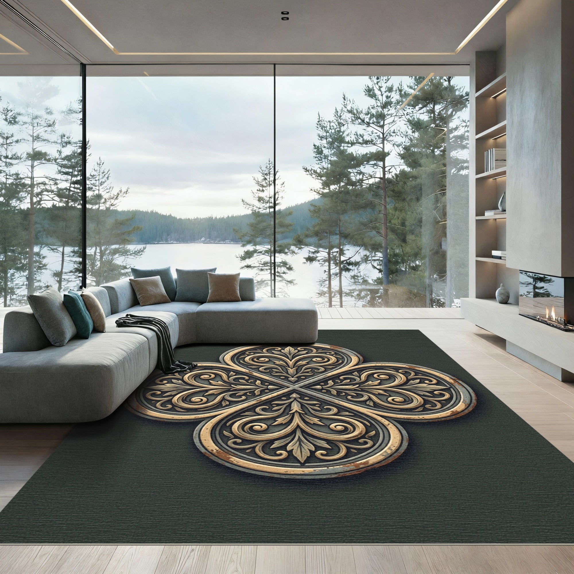 Ornate Antiqued Gold Quatrefoil Emblem Rug