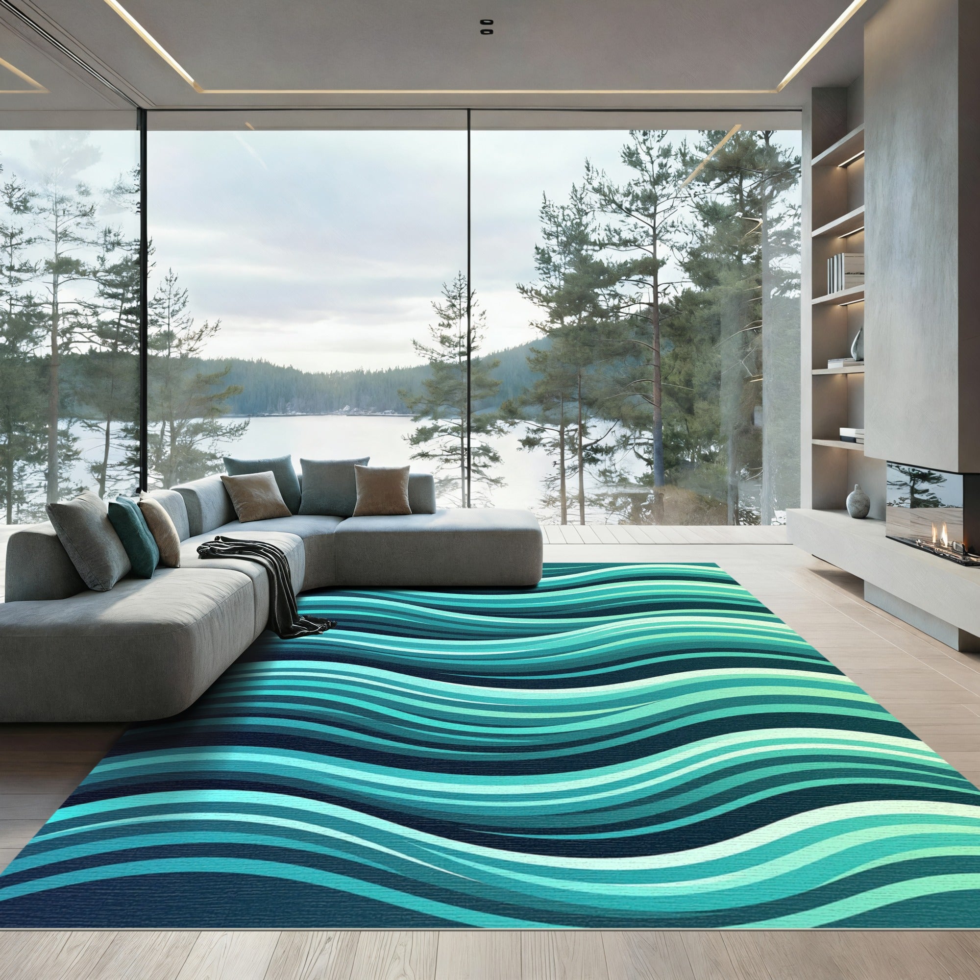 Abstract Teal Cyan Flowing Wave Rug