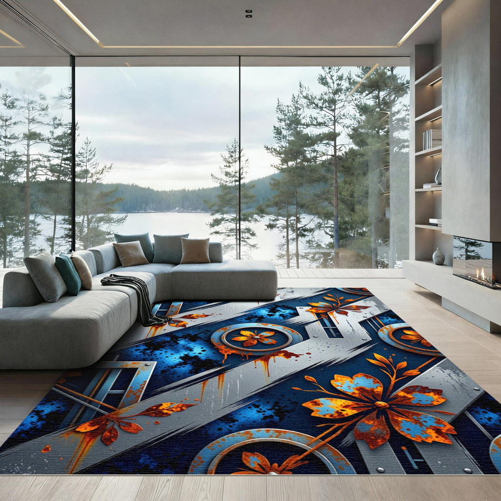 Industrial Blue Orange Rusted Floral Metal Rug