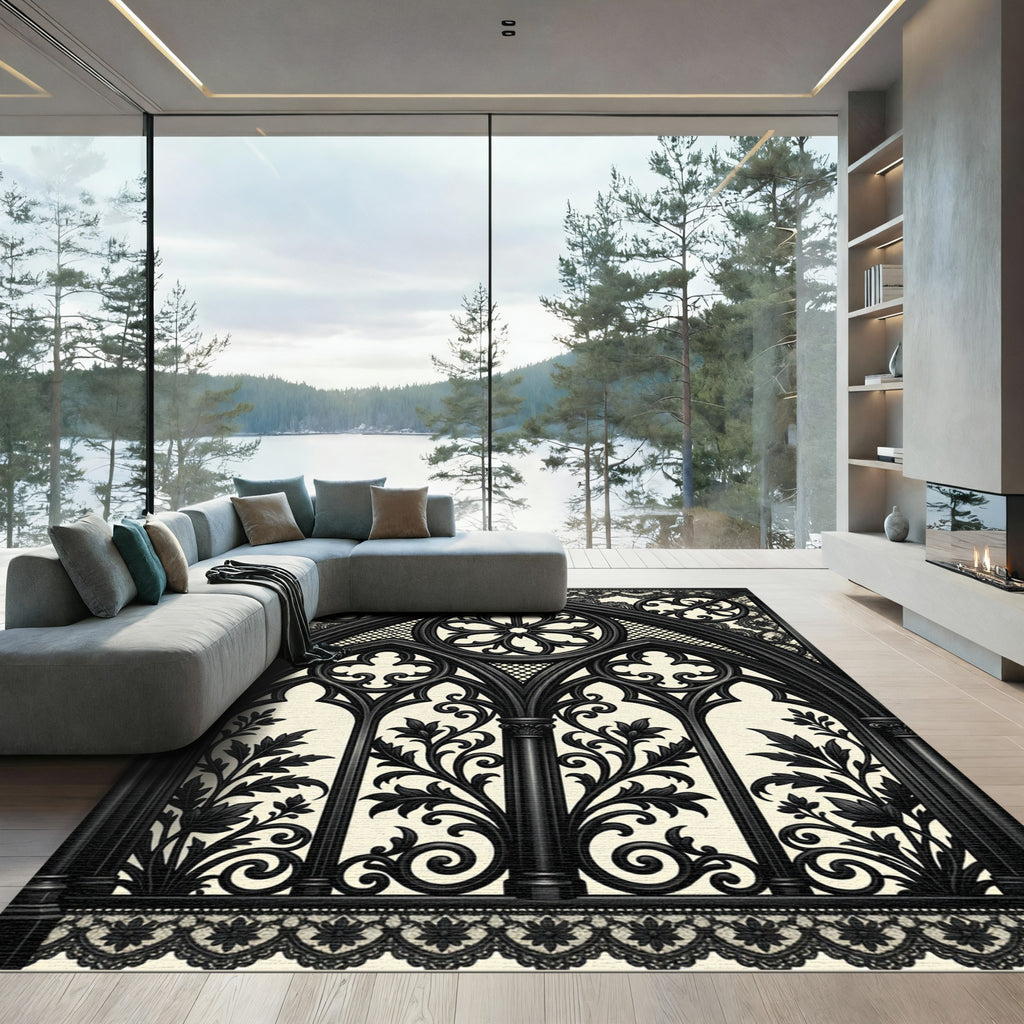 Gothic Black Ornate Floral Arch Rug