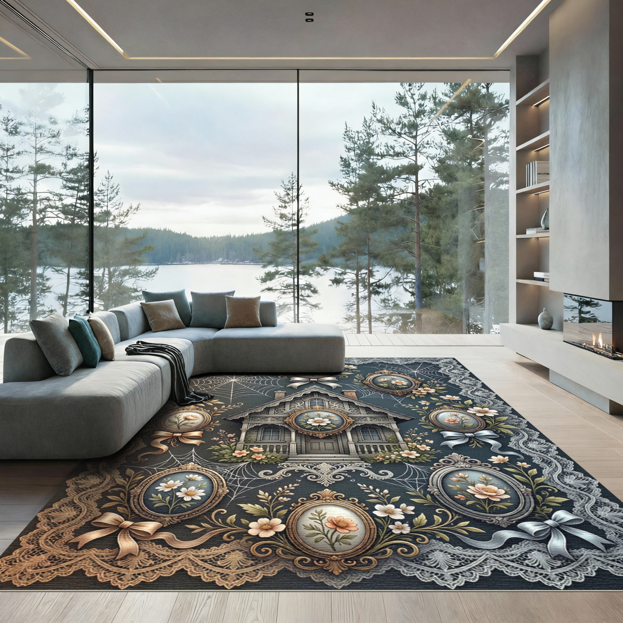 Gothic Floral Cottage Spiderweb Frame Rug