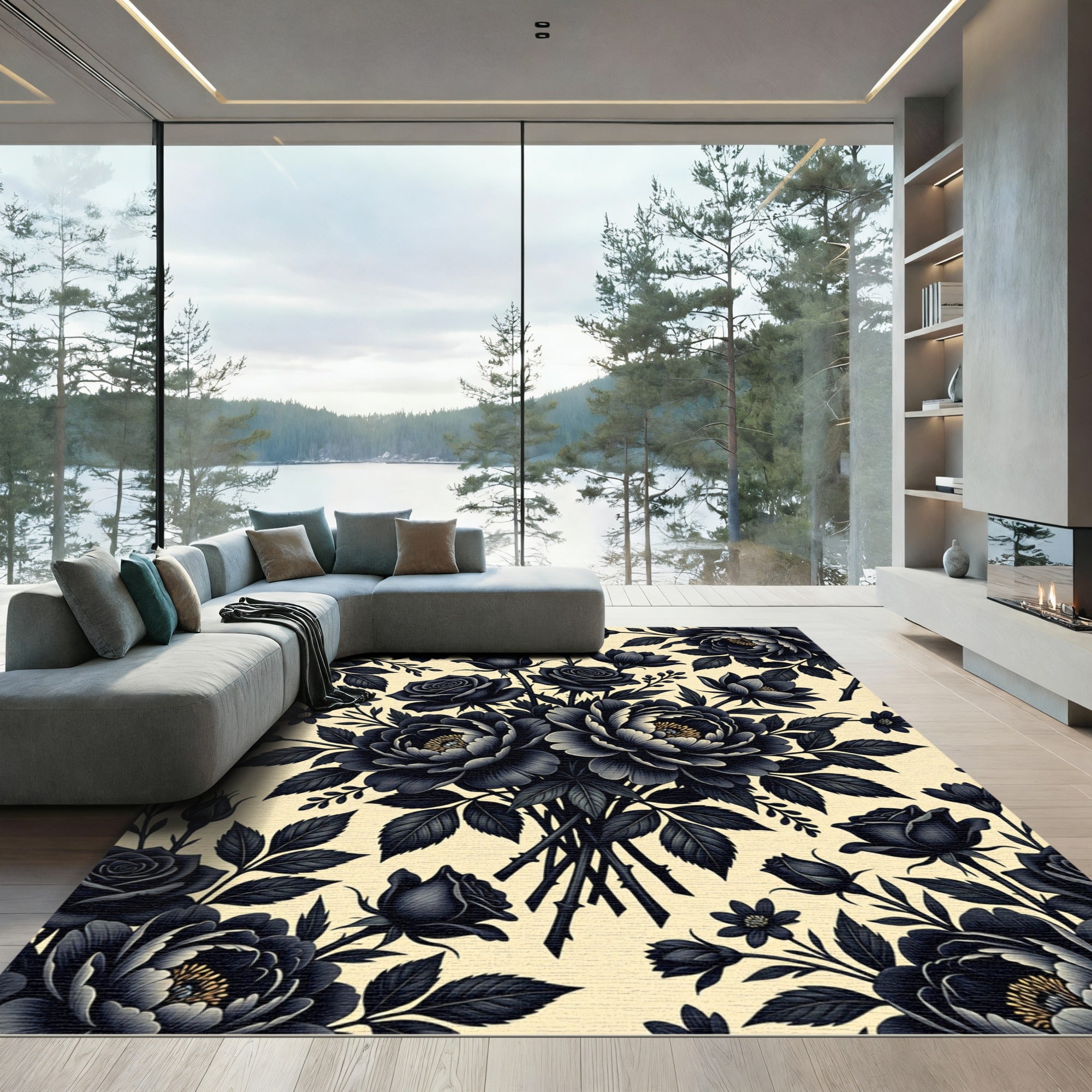 Elegant Black Floral Botanical Bouquet Rug