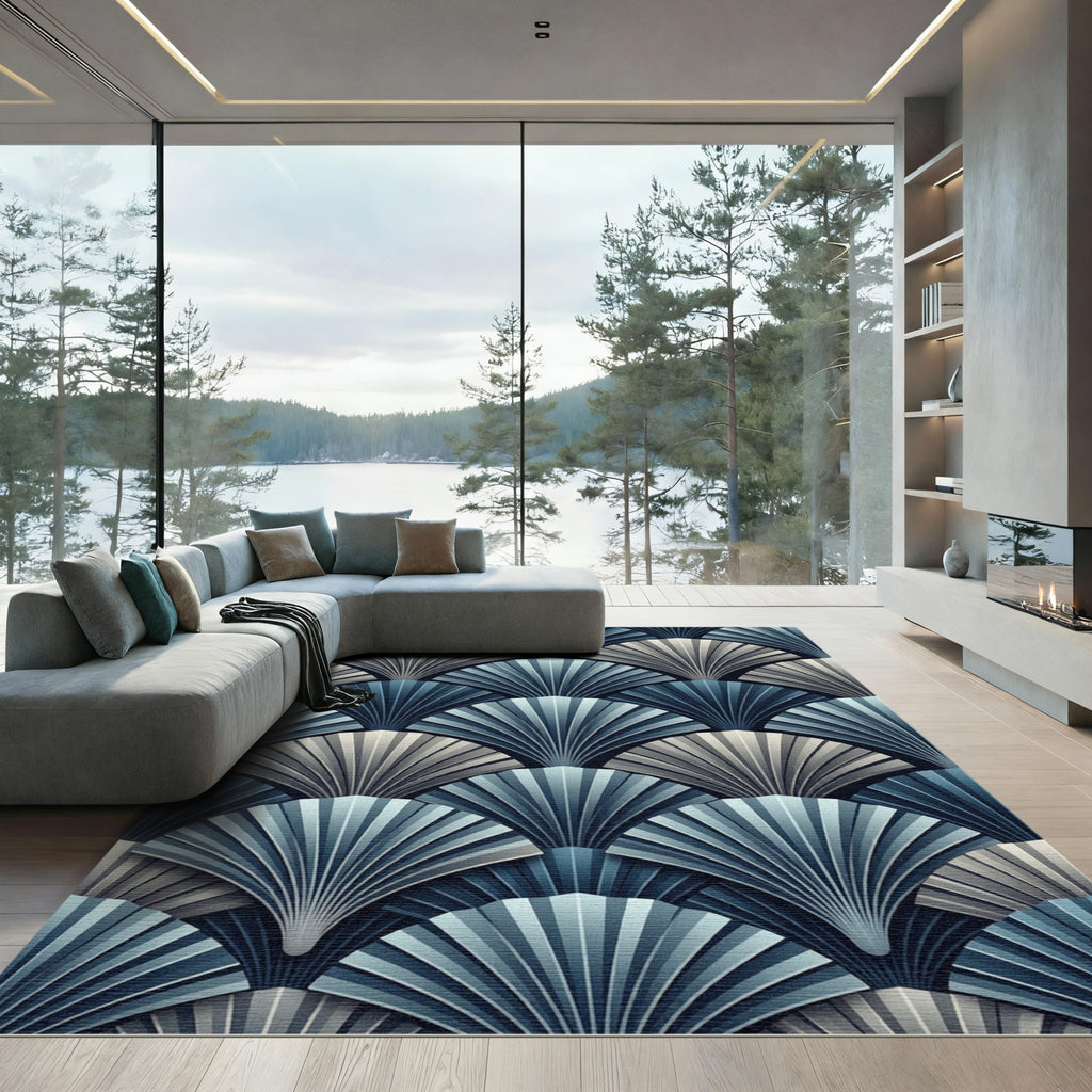 Elegant Slate Blue Art Deco Fan Rug