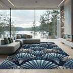 Elegant Slate Blue Art Deco Fan Rug