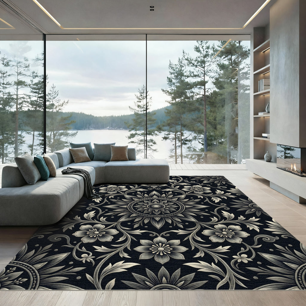 Ornate Black Floral Scrollwork Rug