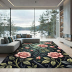 Elegant Pink Rose Botanical Dark Vine Rug